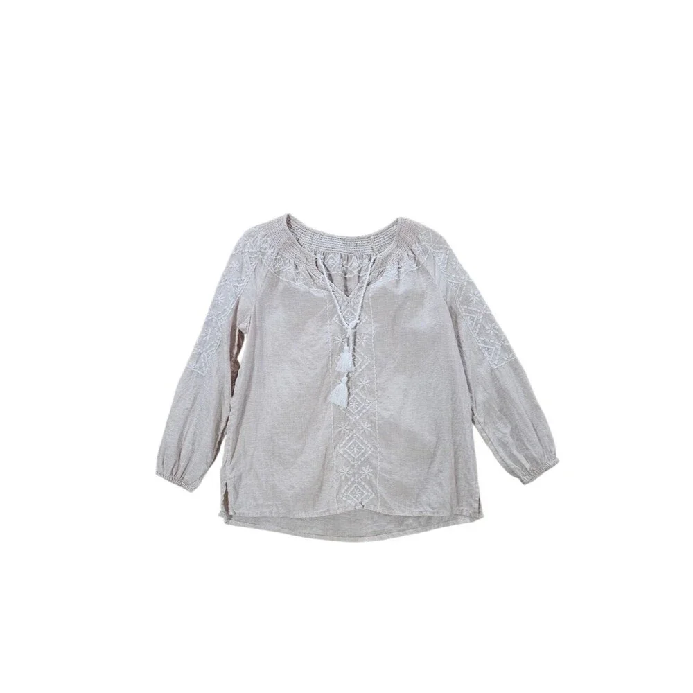 100% LINEN Embroidered Blouse Tassel Top Coastal Grandmother Boho S